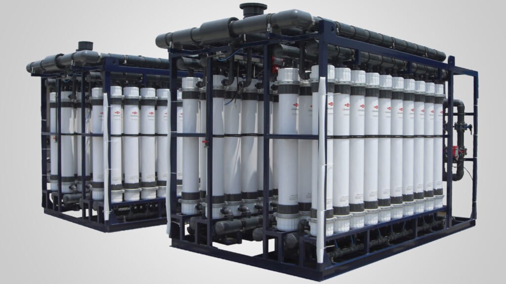 Ultra-filtration plant with multiple white filtration membranes arranged in a structured framework.
